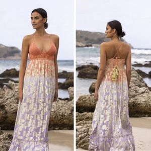 Miss June Purple, Gold, and Orange long dress